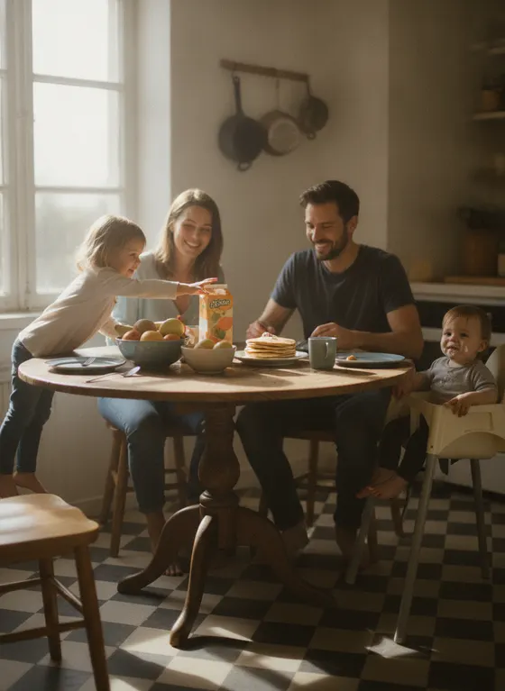 Una familia desayunando en la cocina, hecha con Nano Banana