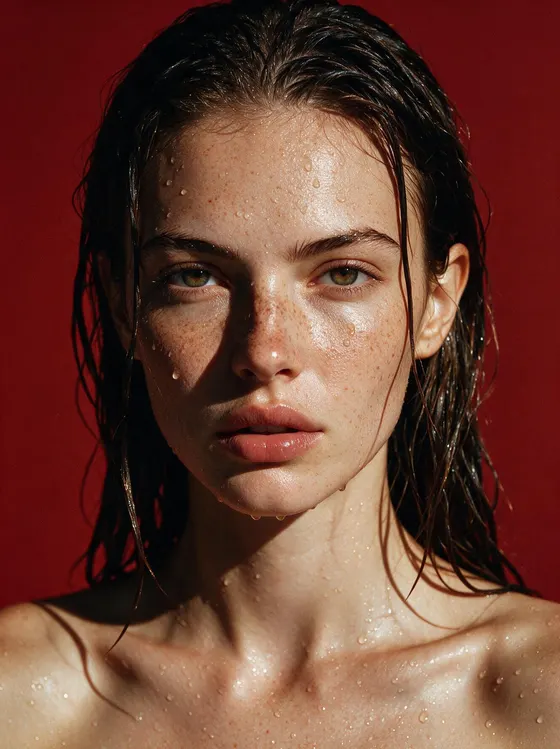 Retrato de revista con gotas de agua sobre fondo rojo, hecho con Seedream 5.0 Pro