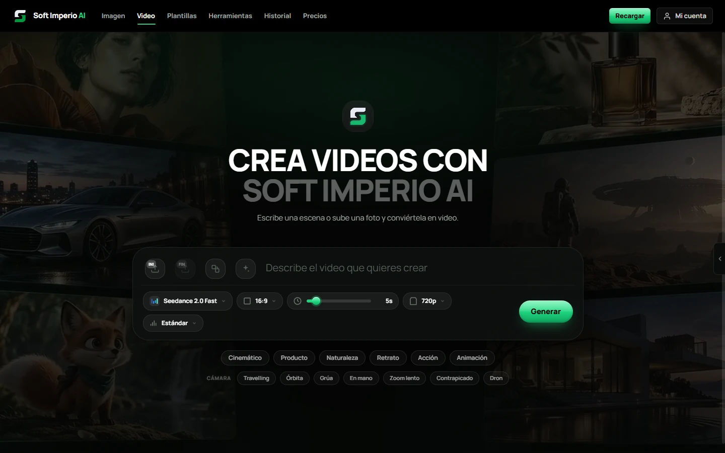 Estudio de video de Soft Imperio AI con los controles de modelo y duración