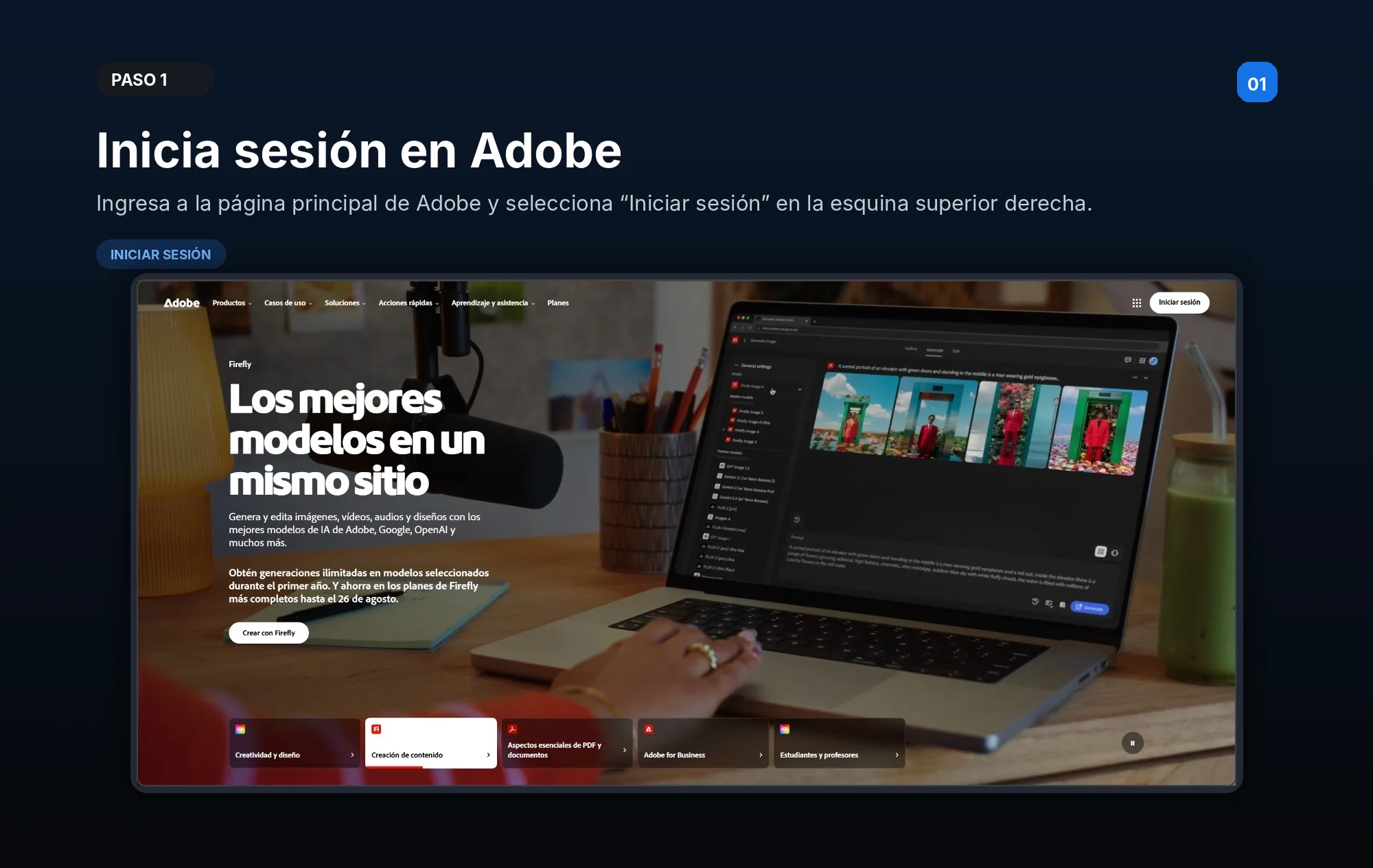 Paso 1 — Inicia sesión en Adobe: entra a la página principal de Adobe y pulsa «Iniciar sesión» en la esquina superior derecha.