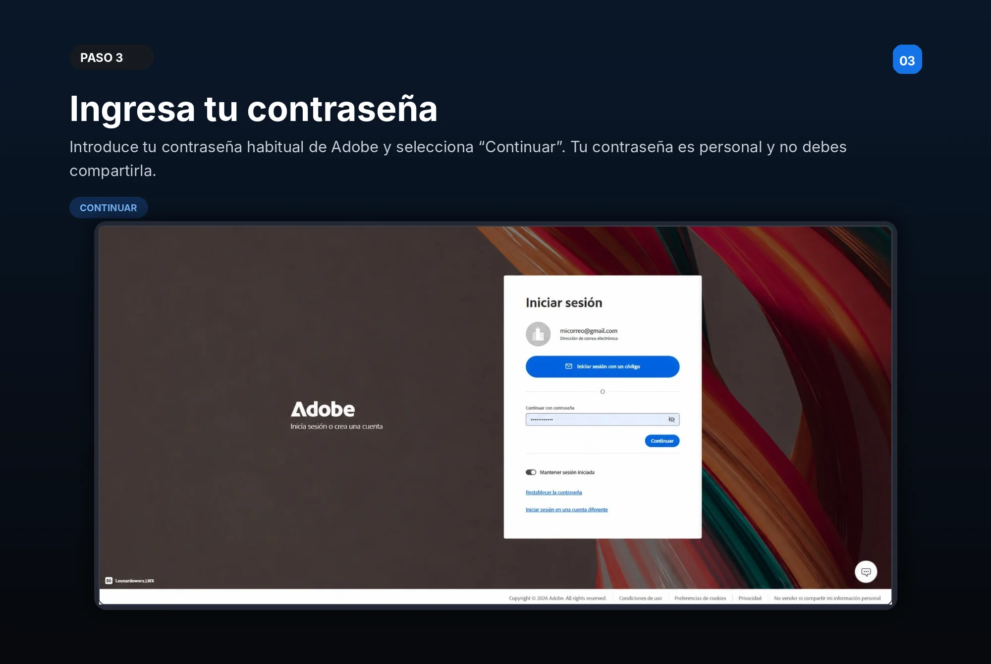 Paso 3 — Ingresa tu contraseña: escribe la contraseña de tu cuenta Adobe y continúa.
